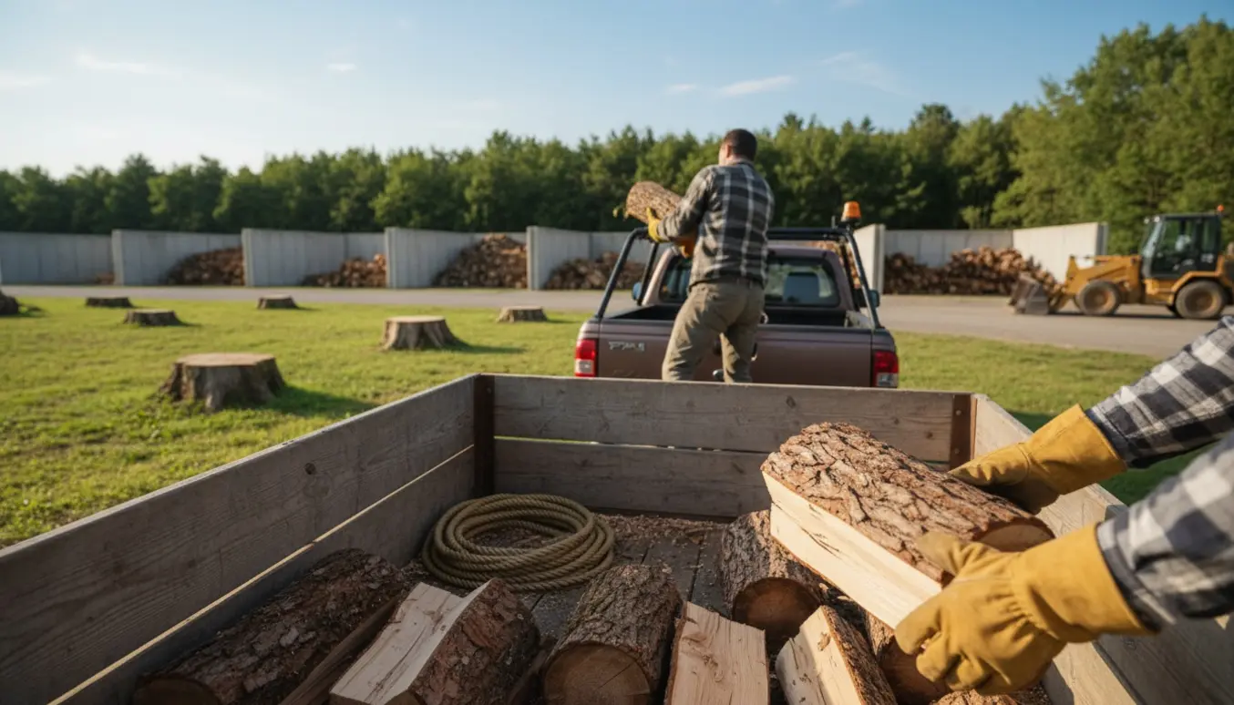 Hænder stabler brænde på en trailer ved genbrugspladsen med stubbede træer i baggrunden.