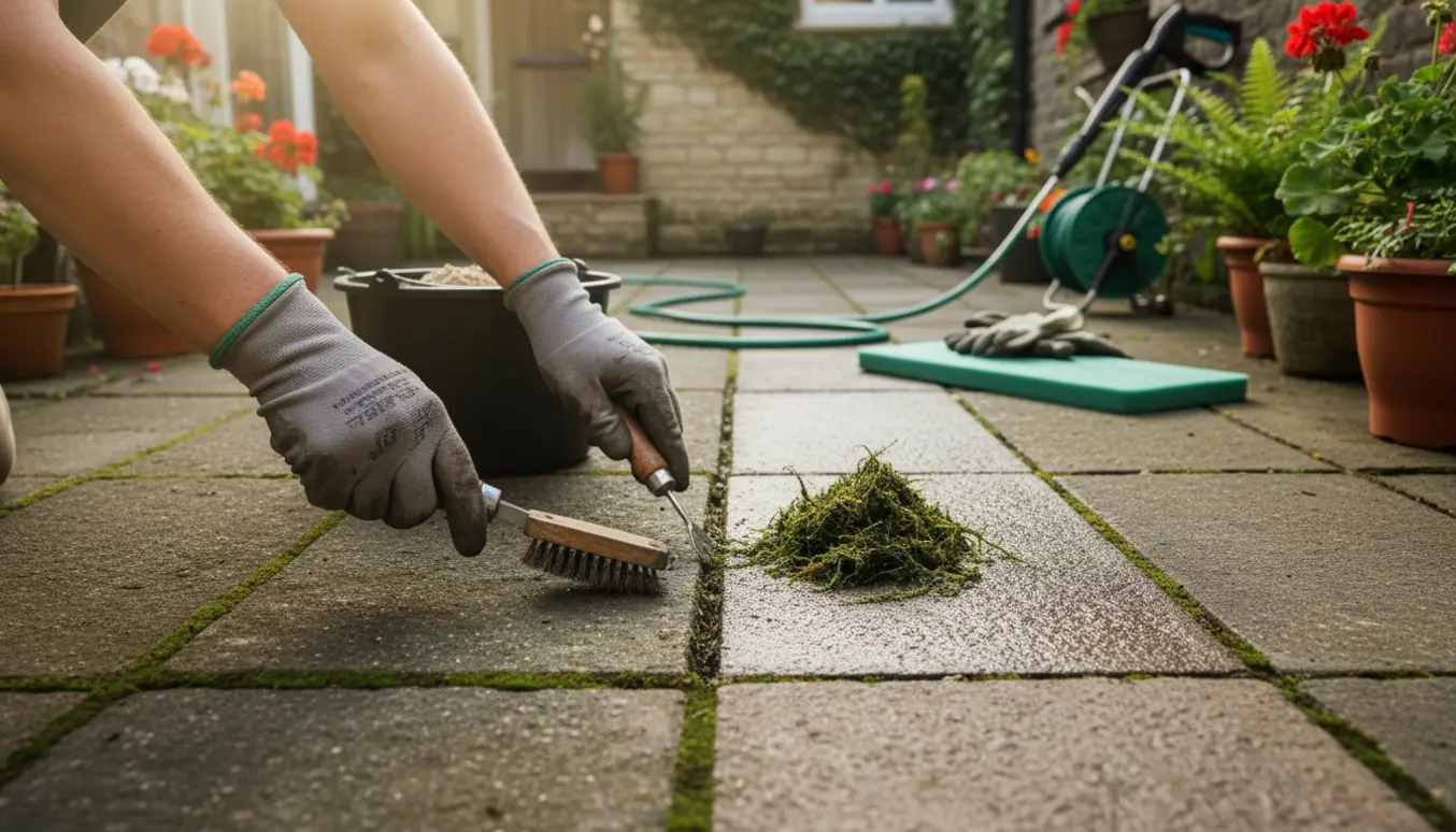 Nærbillede af fjernelse af ukrudt og mos mellem fliser ved huset med børste og skraber.