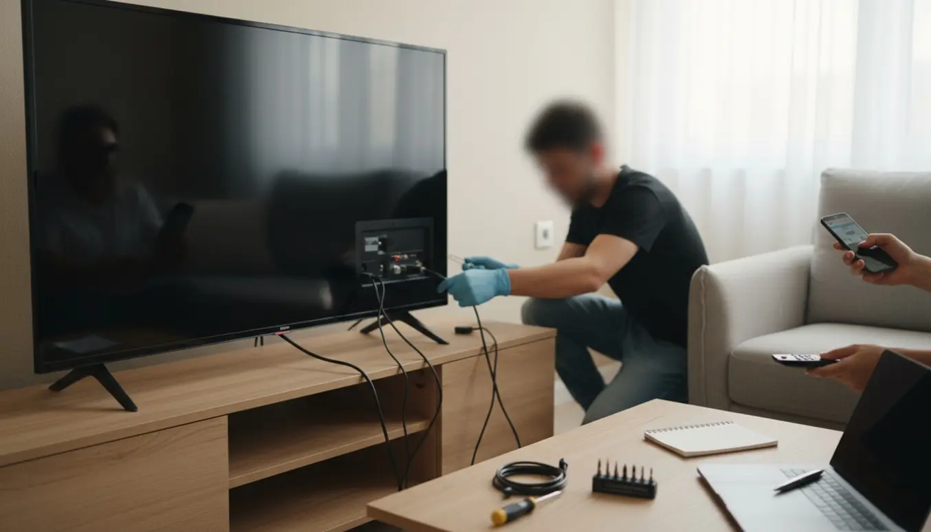 Hænder frakobler strømstikket på et smart-tv med sort skærm i en stue, omgivet af værktøj og en notatblok.