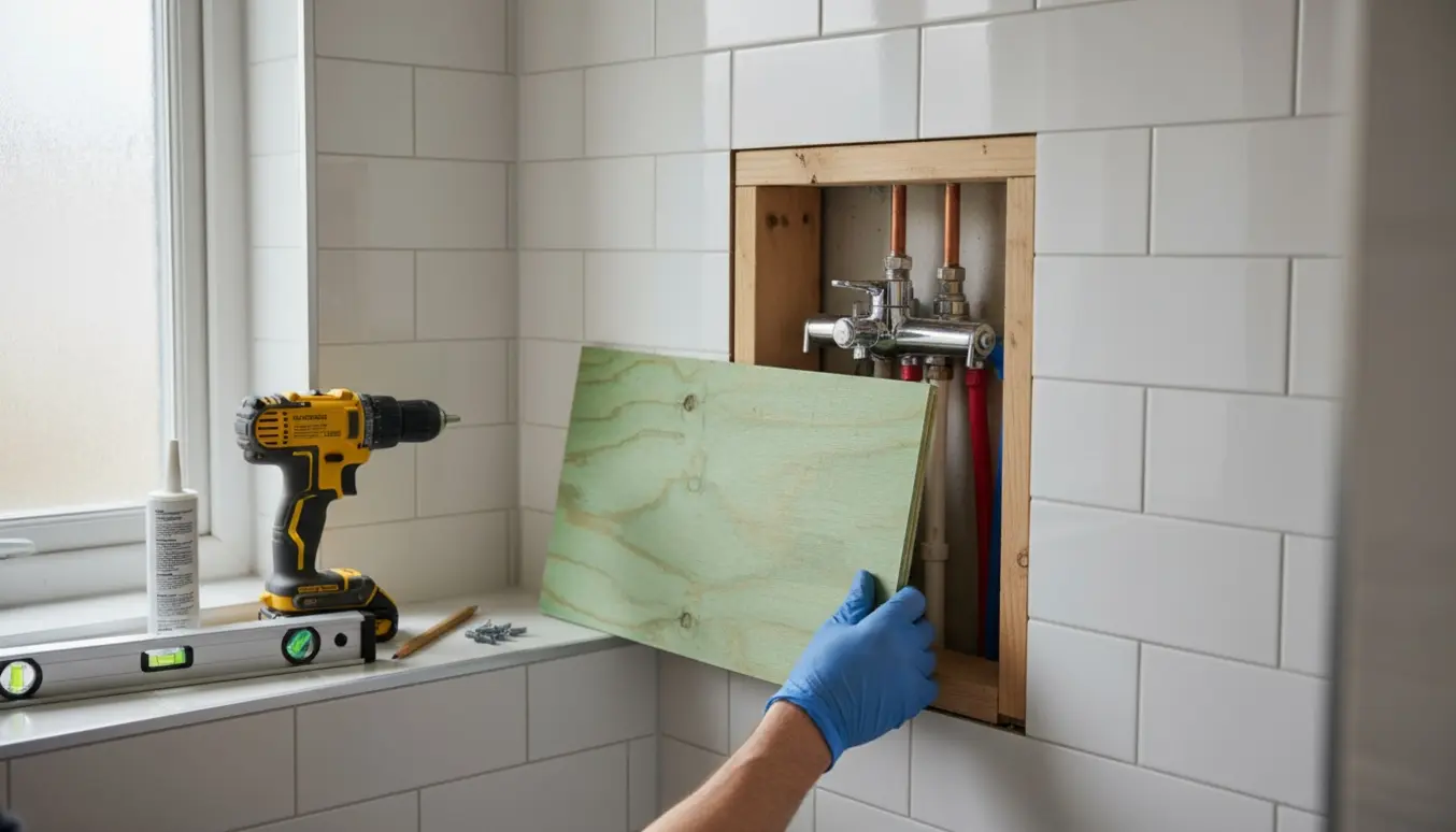 Nærbillede af montering af rørkasse ved brusearmatur med åben serviceklap og værktøj i et lyst badeværelse.