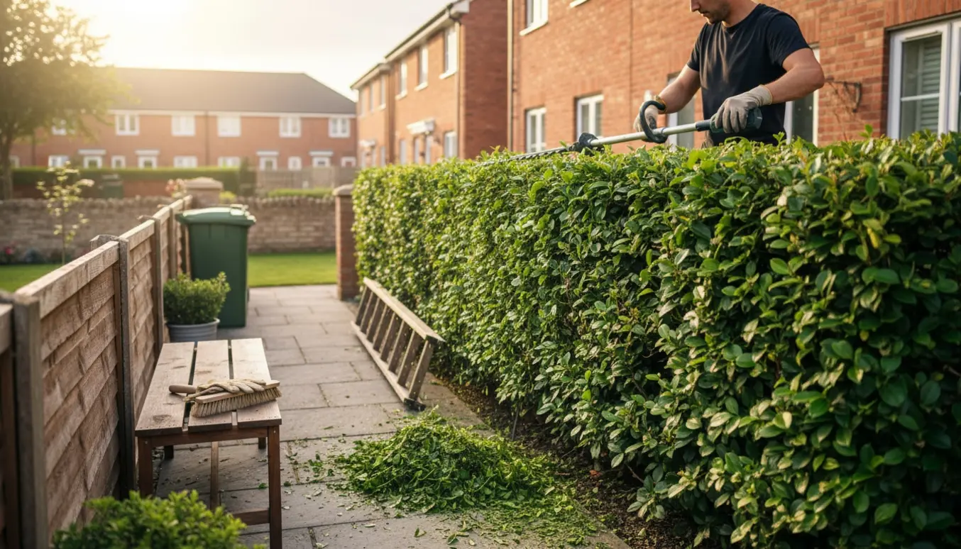 Topkapning af en høj hæk i en rækkehushave med en stanghækkeklipper og en bunke afklip på stien.