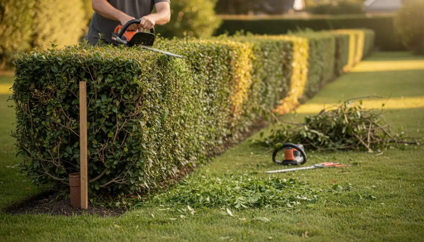 Person uden synligt ansigt klipper en lang hæk ned til cirka 2 meter med afklip og et synligt rør ved hækkens fod.