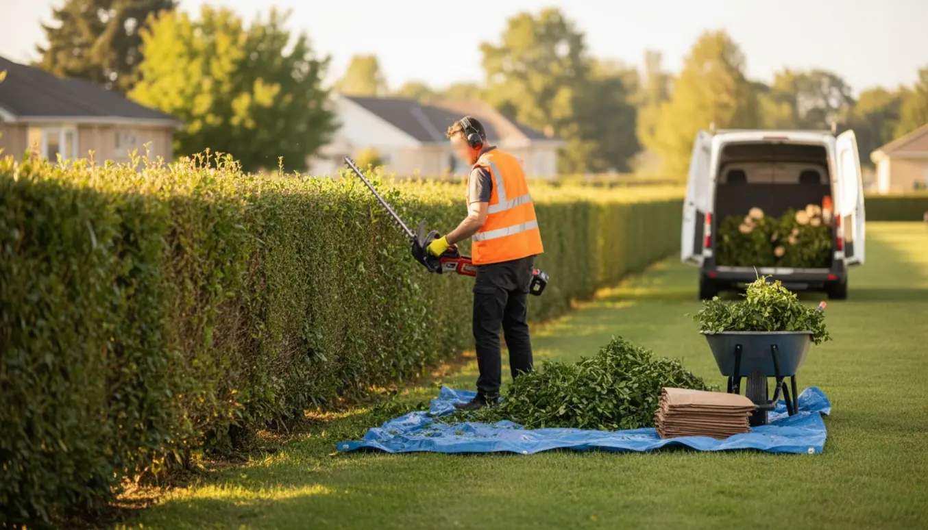 Person klipper en lav hæk med elektrisk hækkeklipper, mens afklip samles i sække ved en hvid varebil.