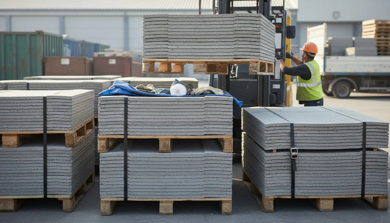 Stabler af eternitplader på paller ved en genbrugsplads, klar til bortskaffelse.