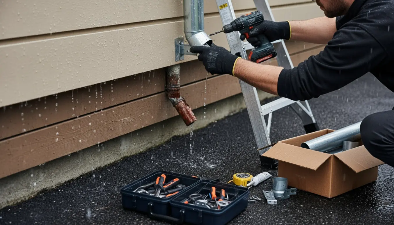 Reparation af utæt nedløbsrør i regn med værktøj og nye rørdele klar til montering.