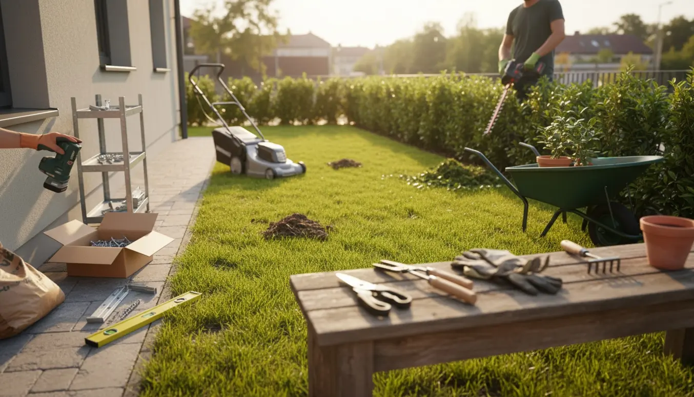 Lille have med nyslået græs, halvklippet hæk, haveværktøj og en hylde klar til opsætning.