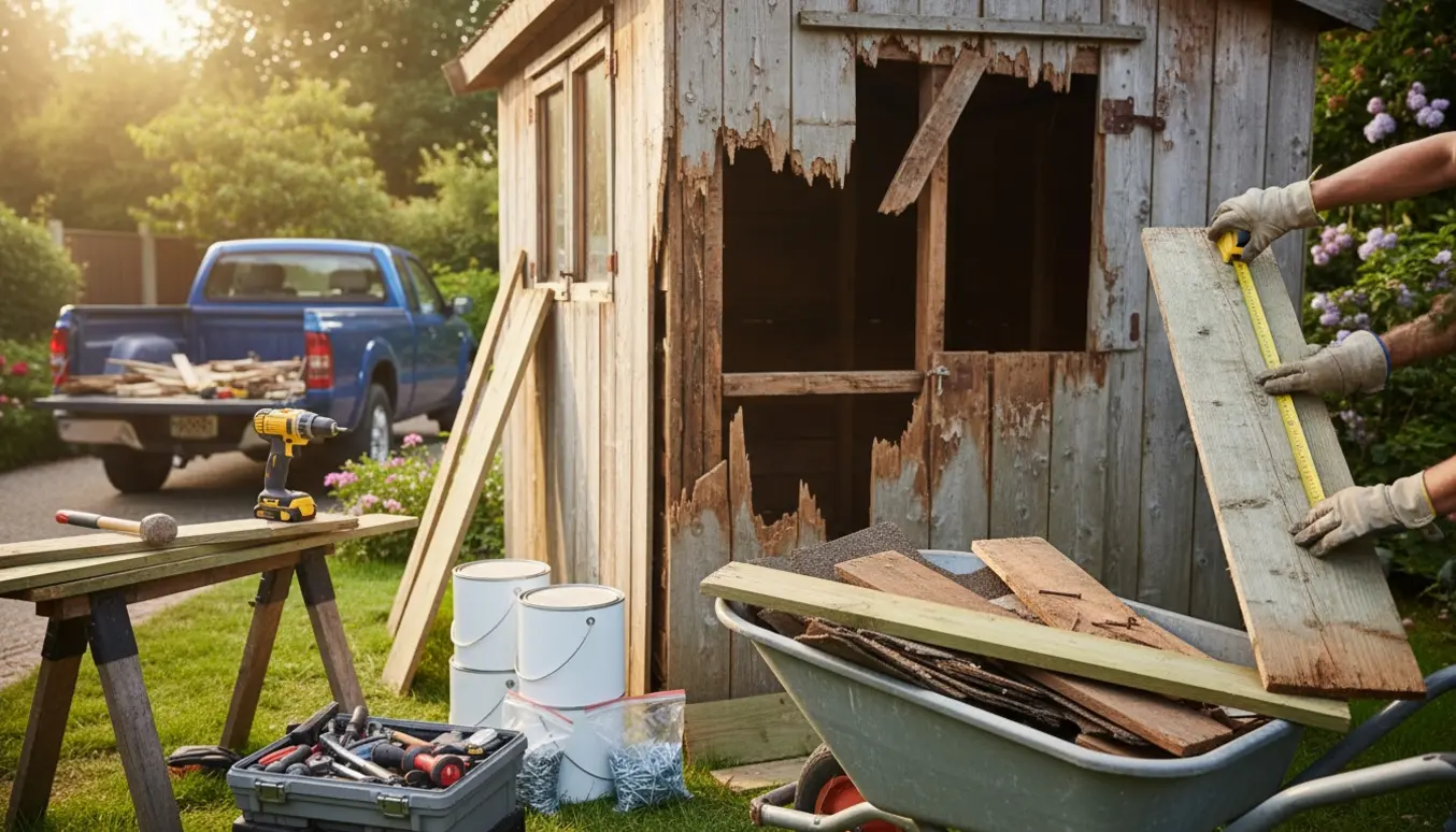 Delvist demonteret haveskur med hænder i handsker, værktøj, nyt byggemateriale og en trillebør fyldt med affald klar til bortkørsel.
