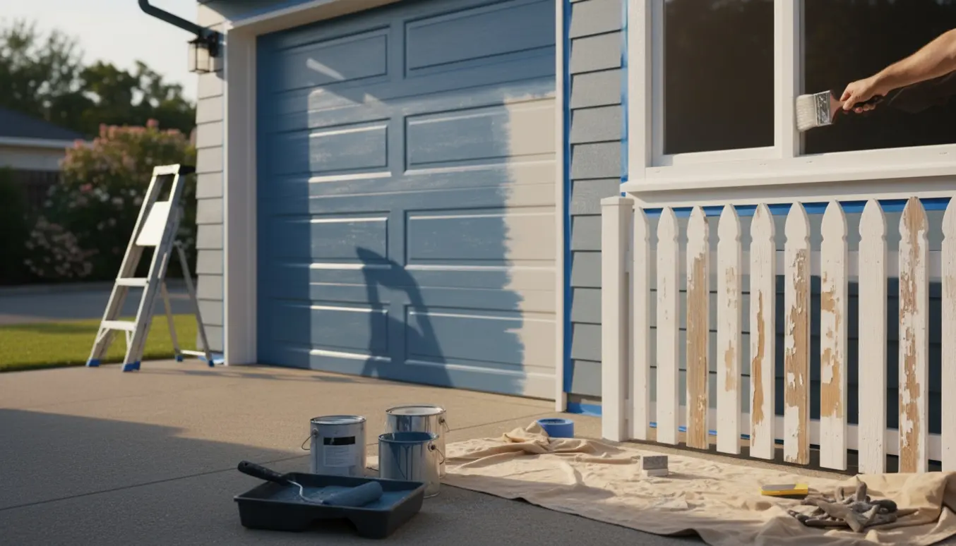 Udendørs malerarbejde med garageport, stakitter og anneks hvor værktøj og frisk maling er i fokus.