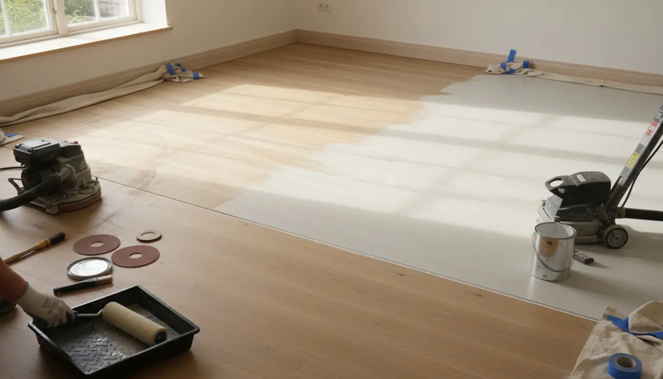 Nærbillede af slibning og lakering af egetræsparket med tydelig overgang mellem afslebet træ og hvidpigmenteret mat lak.