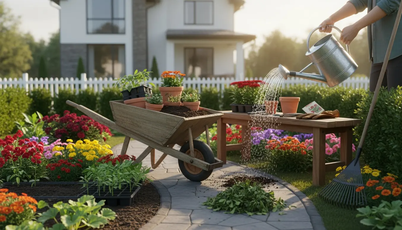 Hænder og haveredskaber i en baghave med trillebør, vandkande og blomsterbed.
