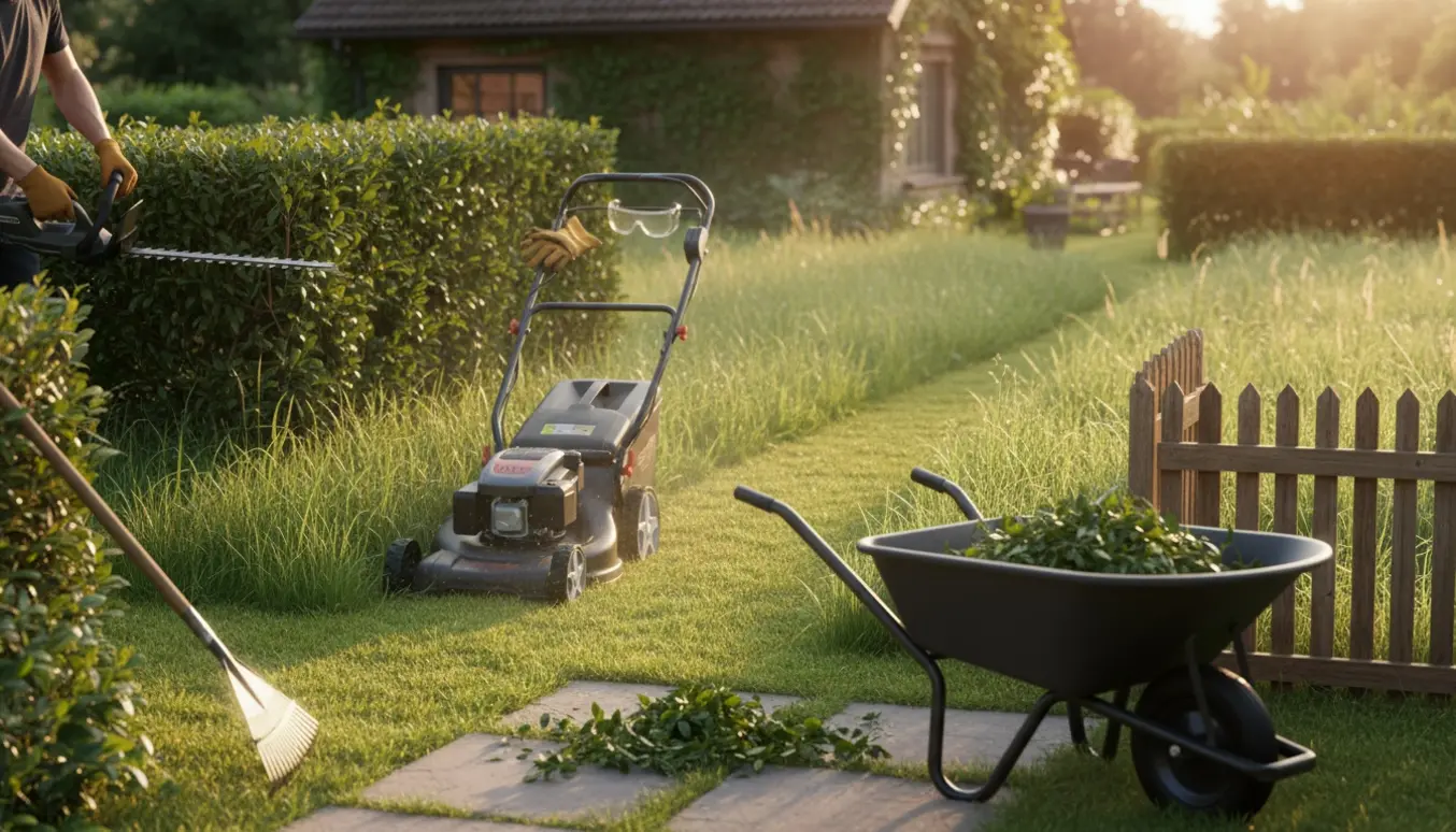 En person klipper højt græs med plæneklipper og trimmer hækken i en solrig have, med redskaber og afklip i baggrunden.