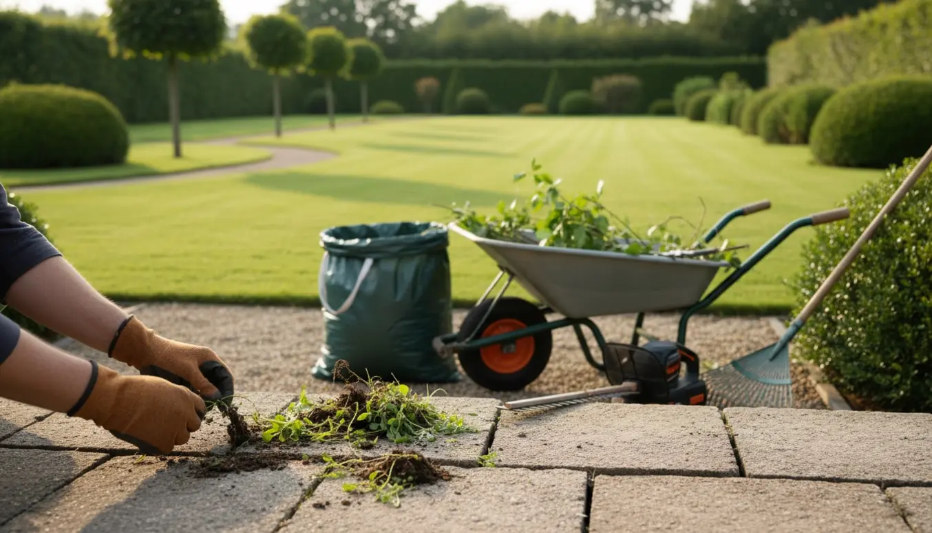 Hænder i arbejdshandsker fjerner ukrudt mellem fliser i en velplejet have med haveredskaber og klippede grene.