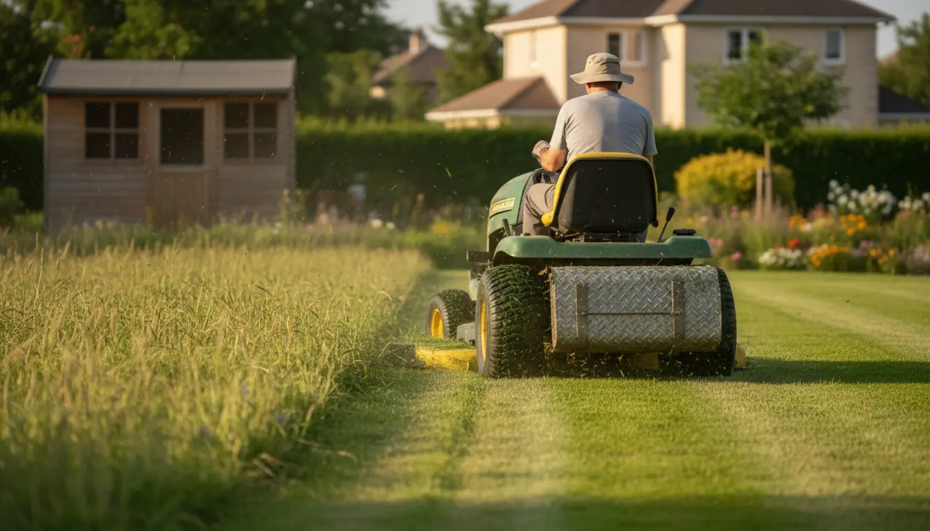 Plænetraktor klipper en halv meter høj græsplæne set bagfra med tydelige skår og græsafklip.