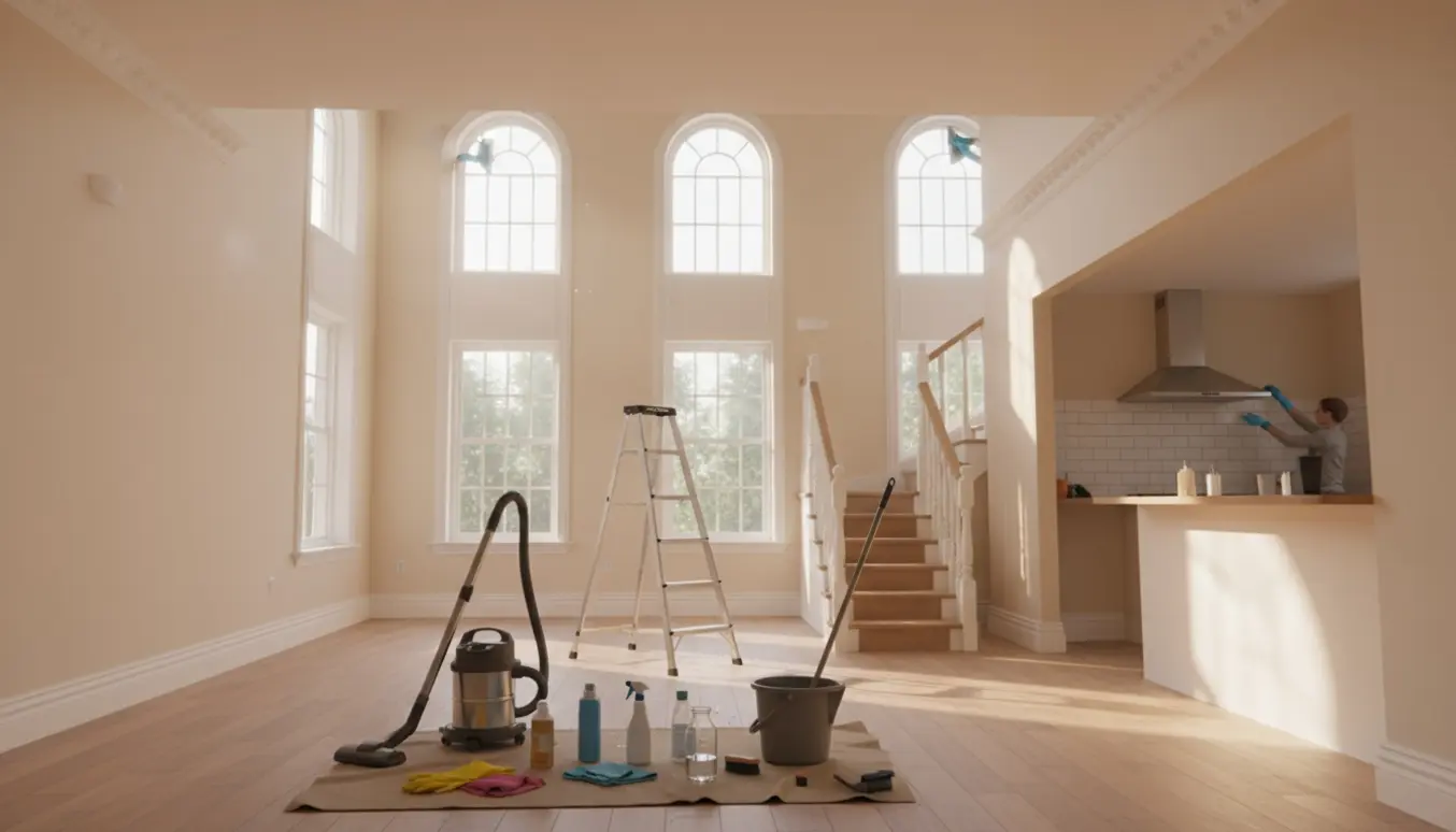 Flytterengøring i rækkehus med stige og rengøringsudstyr, hænder renser høje vindueskarme og emhætte.