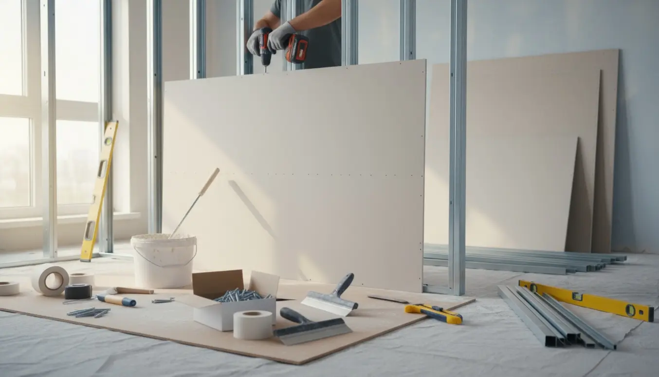 Halvfærdig gipsvæg på metalramme med værktøj og arbejdshænder i et lyst rum.