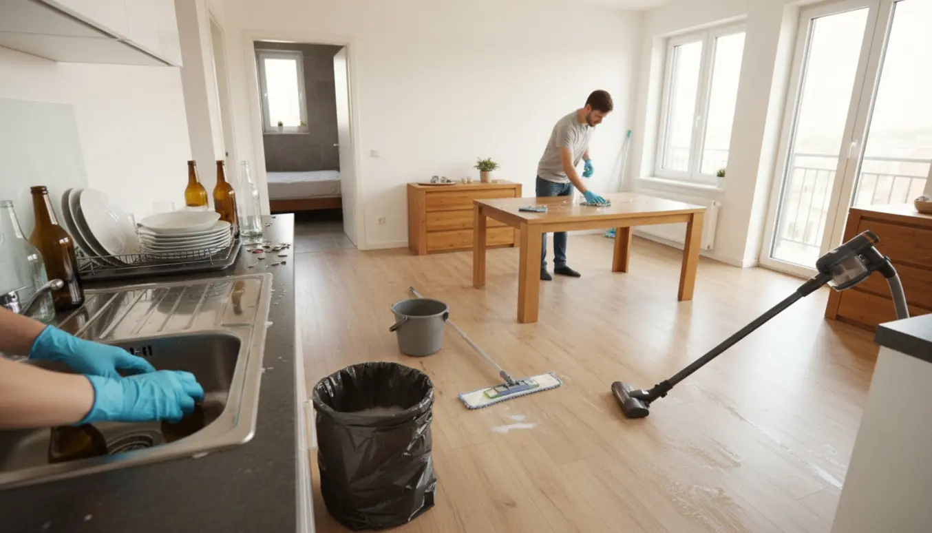 Gummihandsker rydder op efter en stor fest i en lys lejlighed med flasker, opvask og rengøringsudstyr.