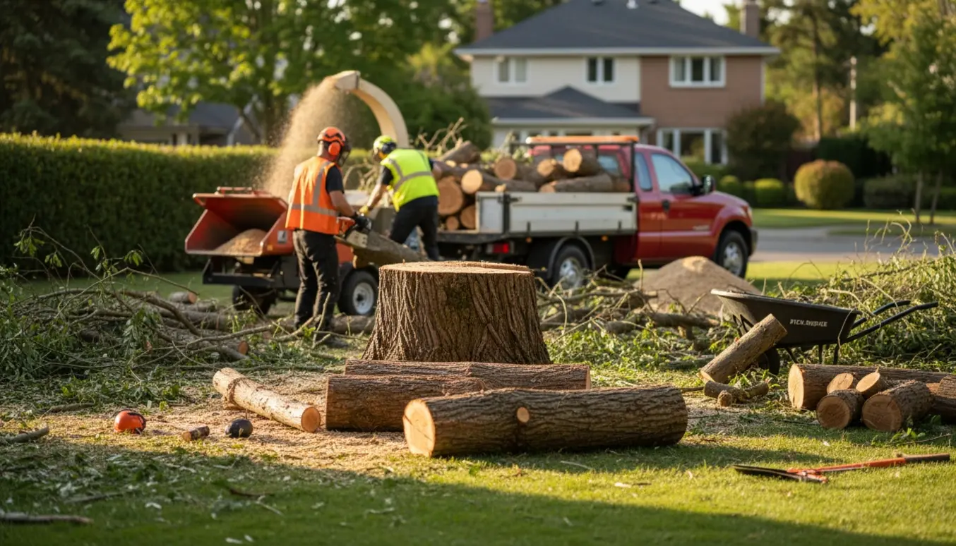 En stor død seljepil er fældet ned til 2 m højde med grene og stammer stablet klar til bortkørsel.
