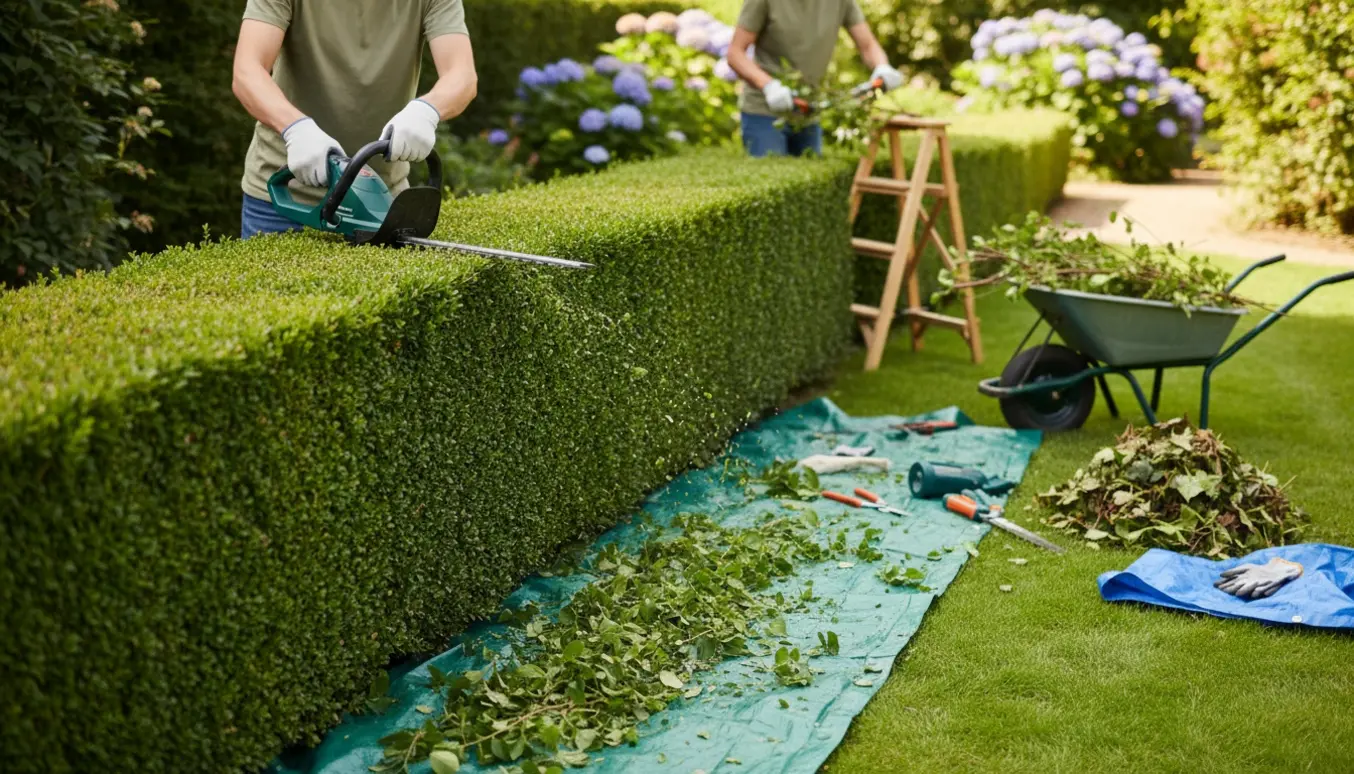 En havehæk klippes og beskæres med hækkeklipper og beskæringsværktøj, og afklip ligger i en trillebør.