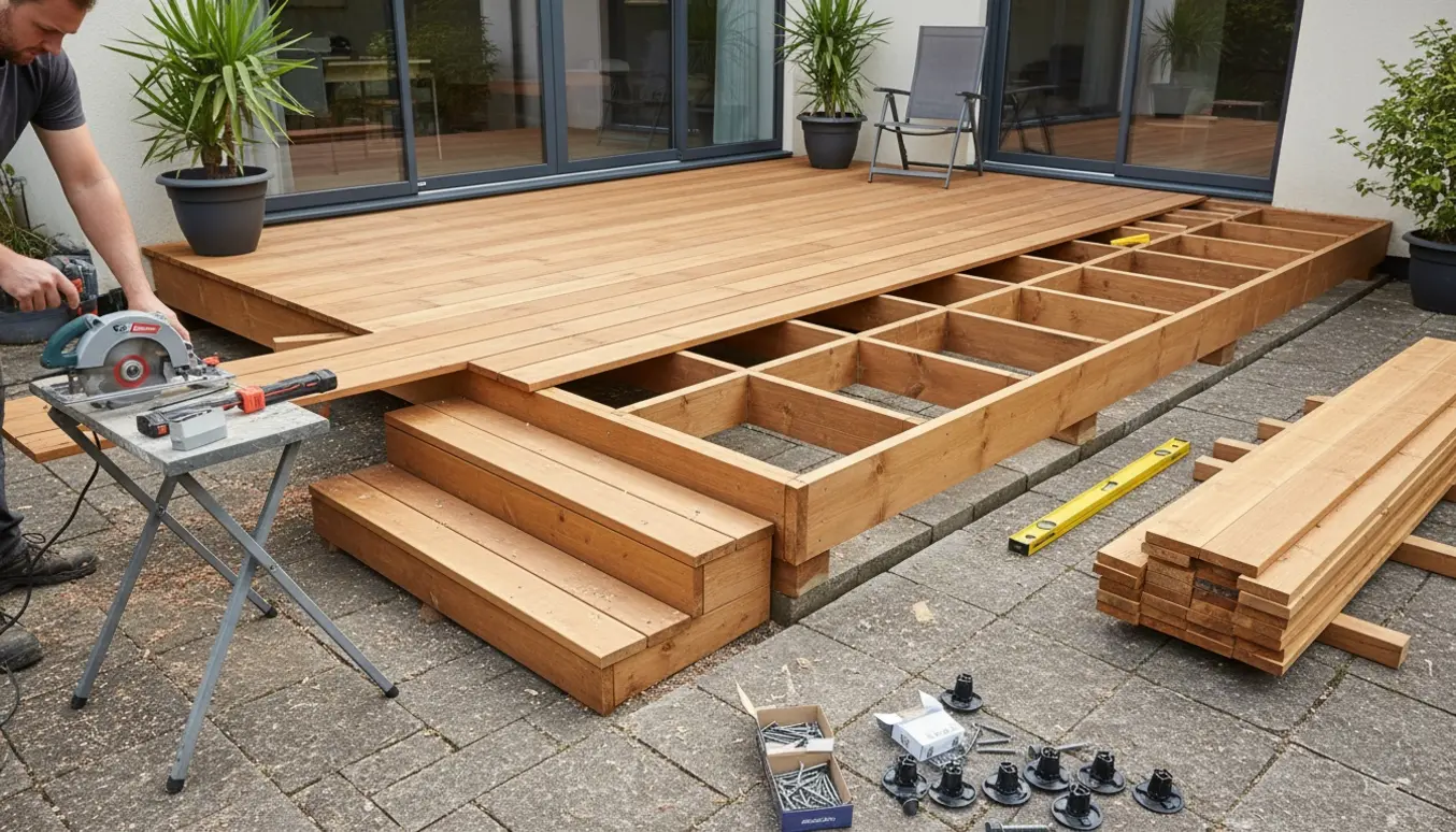 Delvist færdig hævet træterrasse på eksisterende fliseterrasse med tre trin ned og håndværktøj i forgrunden.