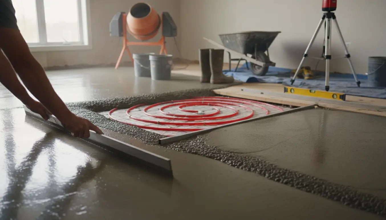 Hænder udglatter våd gulvafretning over synlige gulvvarmeslanger i et rum under renovering.