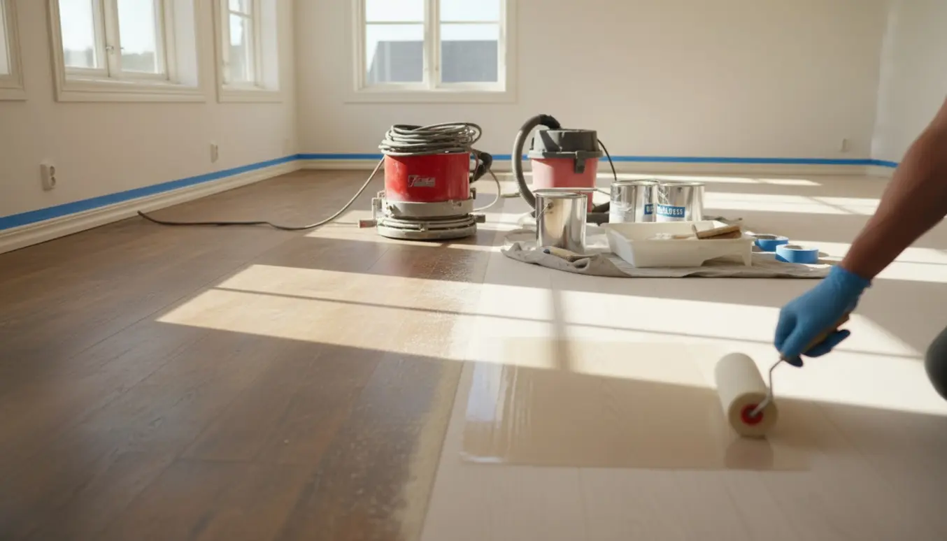 Halvt slebet trægulv i lyst dansk hjem med slibemaskine, lakspande og en hånd, der ruller lak på gulvet.