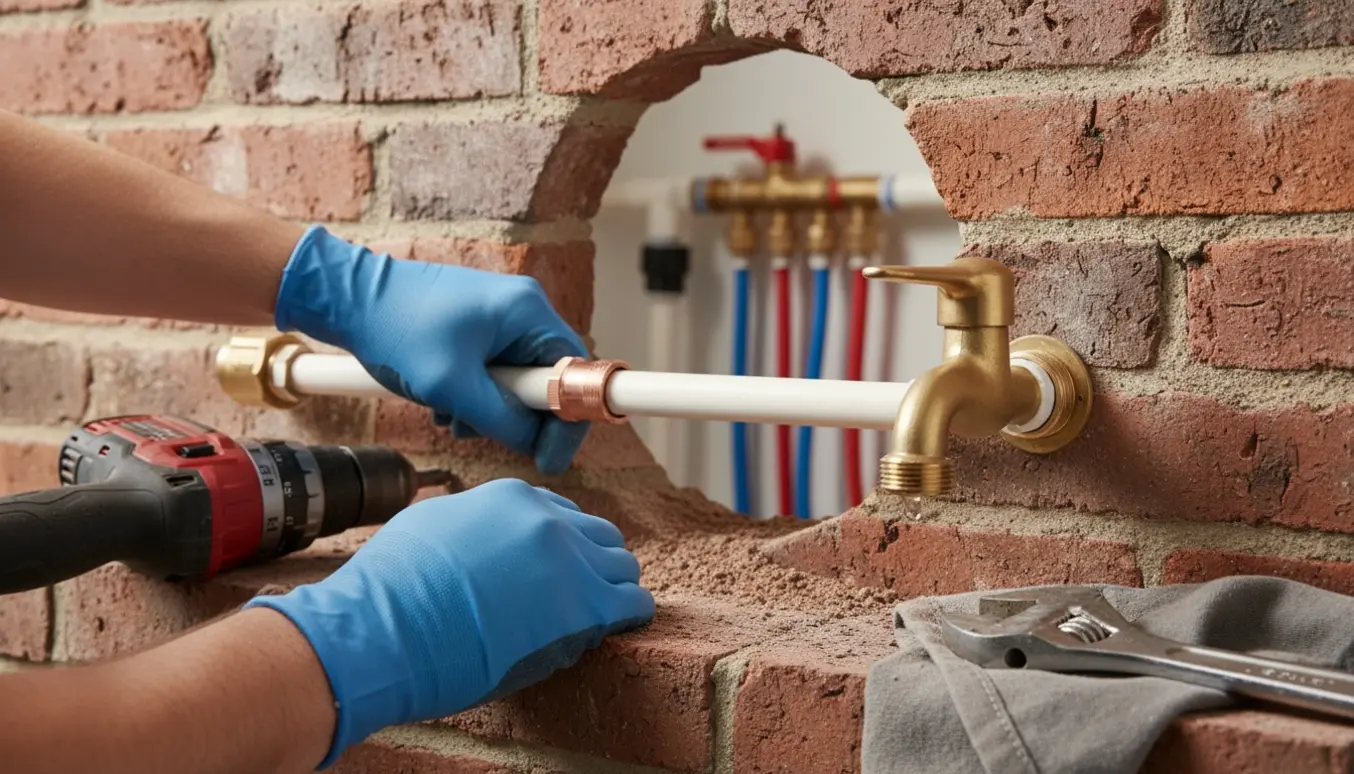 Nyligt boret hul i mur hvor et rør trækkes igennem og en udendørs vandhane monteres.