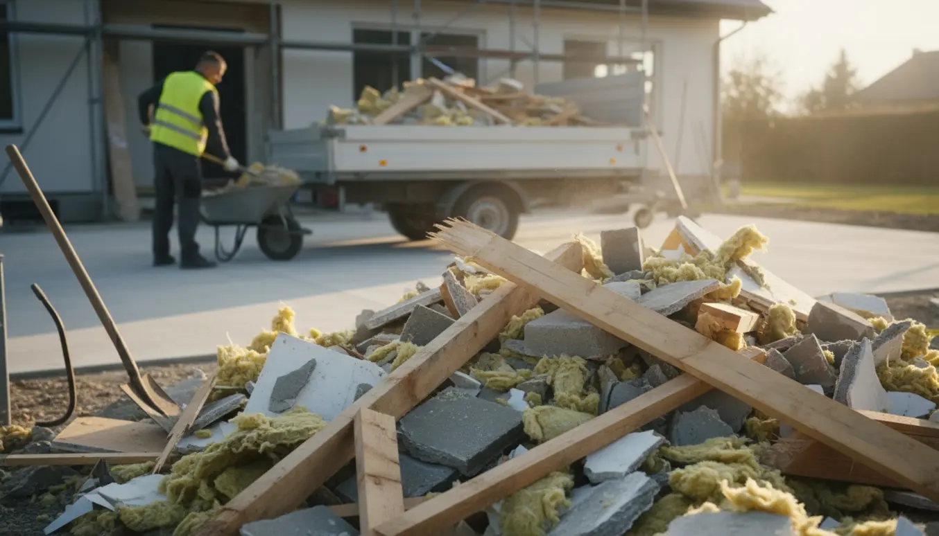 Usorteret byggeaffald med træ, isolering og mørtel læsses i en trailer foran et hus.