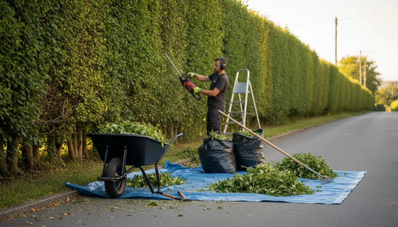 Lang hæk langs vejkanten klippes ned, mens afklip samles i trillebør og på en presenning.