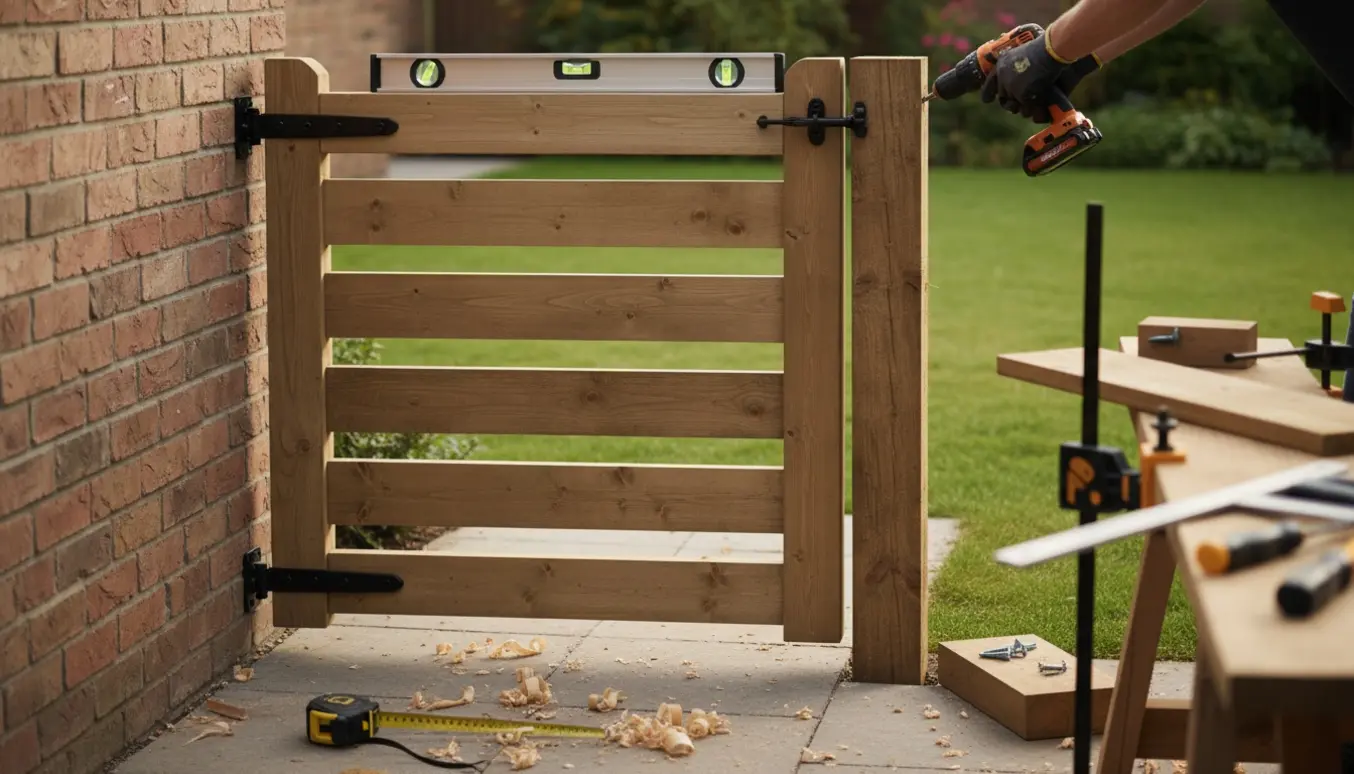Trykimprægneret trælåge monteres mellem væg og stolpe i en have, med værktøj og hænder i arbejde.