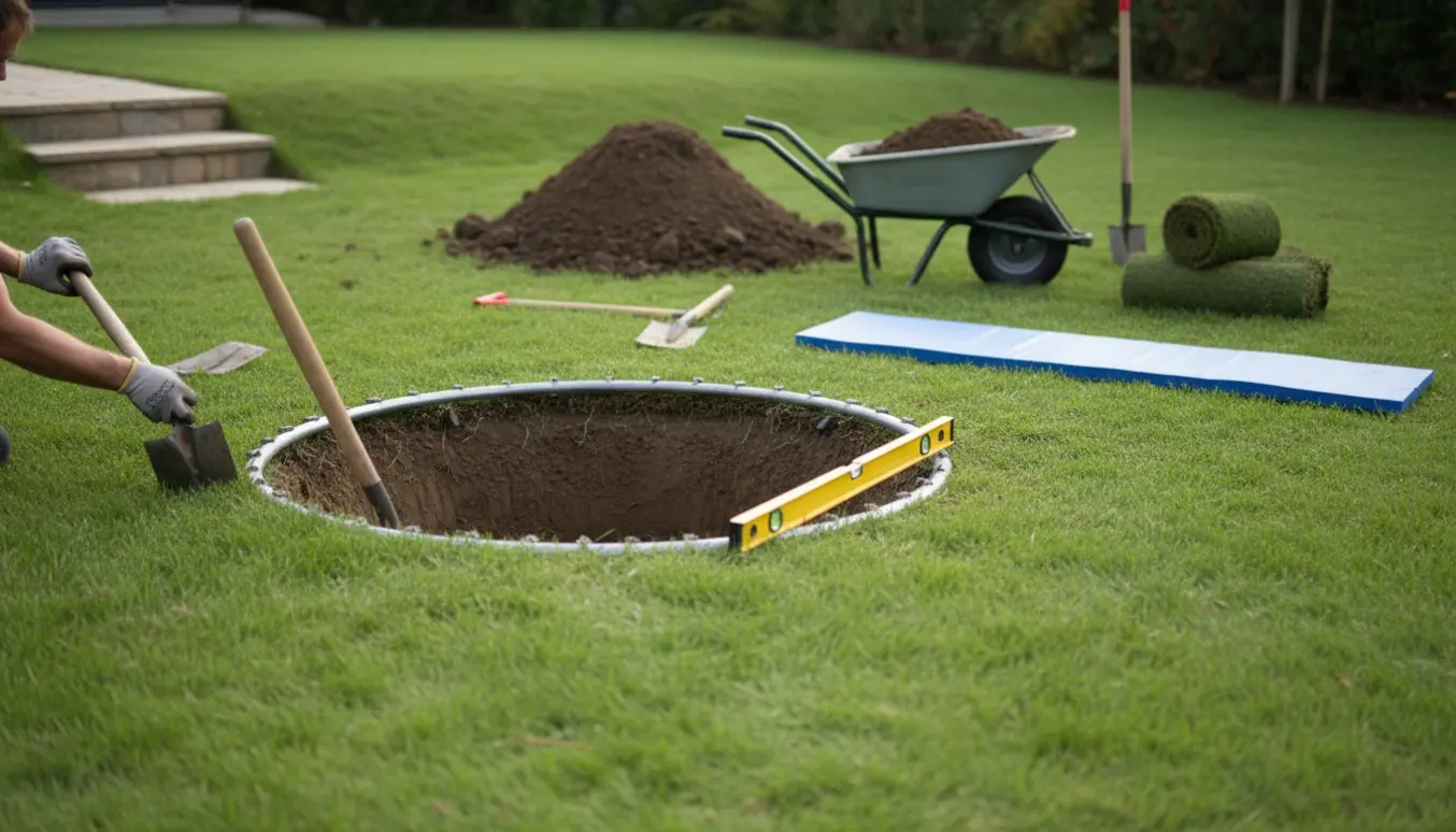 Nedgravet trampolinramme i en have med jordbunke placeret cirka 10 meter væk og en lille trappe ind i haven.