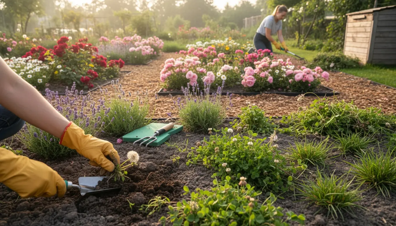 Nærbillede af hænder, der fjerner ukrudt fra et blomsterbed med fem bede og kompost i baggrunden.