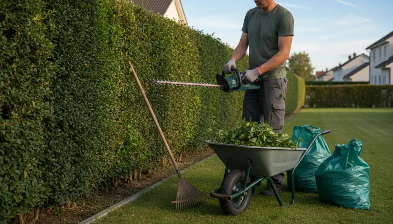 En håndværker trimmer en ensidet hæk langs skel med afklip samlet i trillebør og haveaffaldssække.