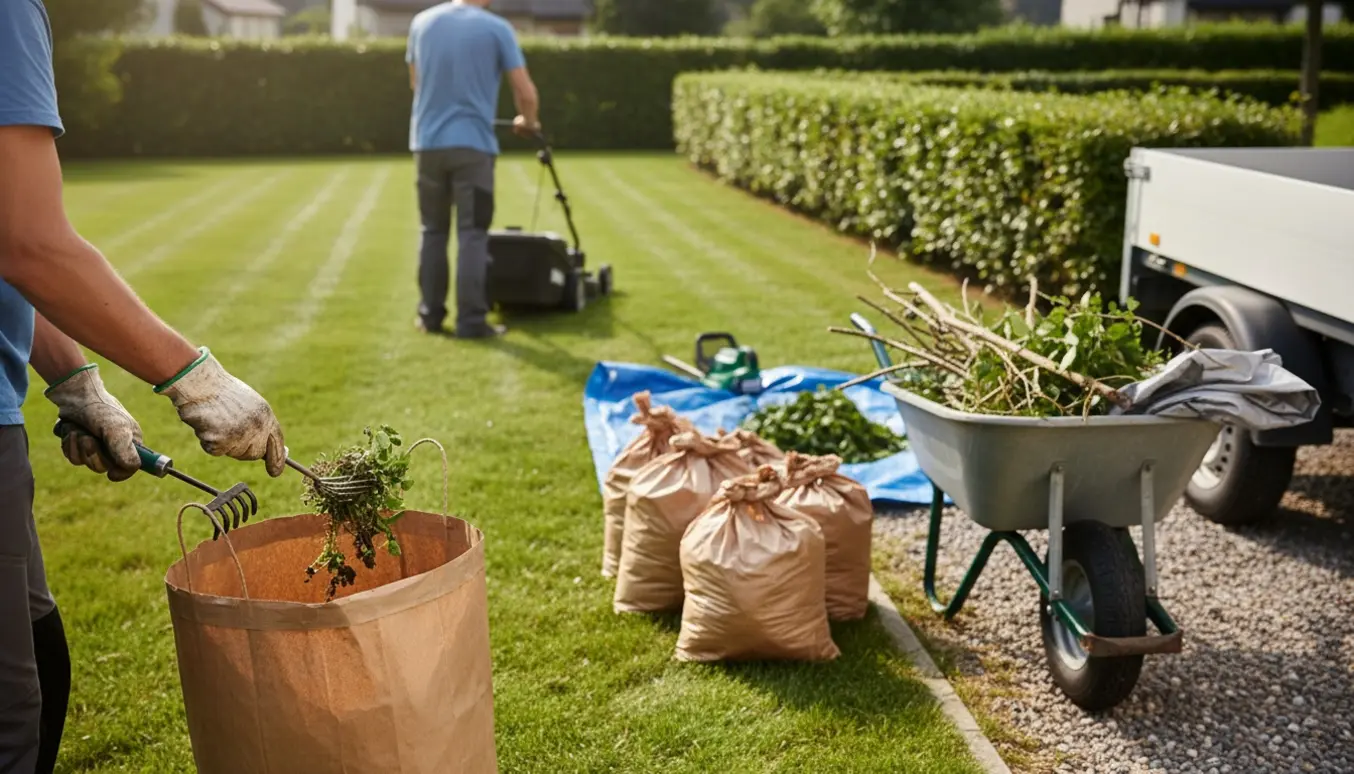 Ryddet villahave med nyslået græs, beskåren hæk, haveredskaber og fyldte affaldsposer ved indkørslen.