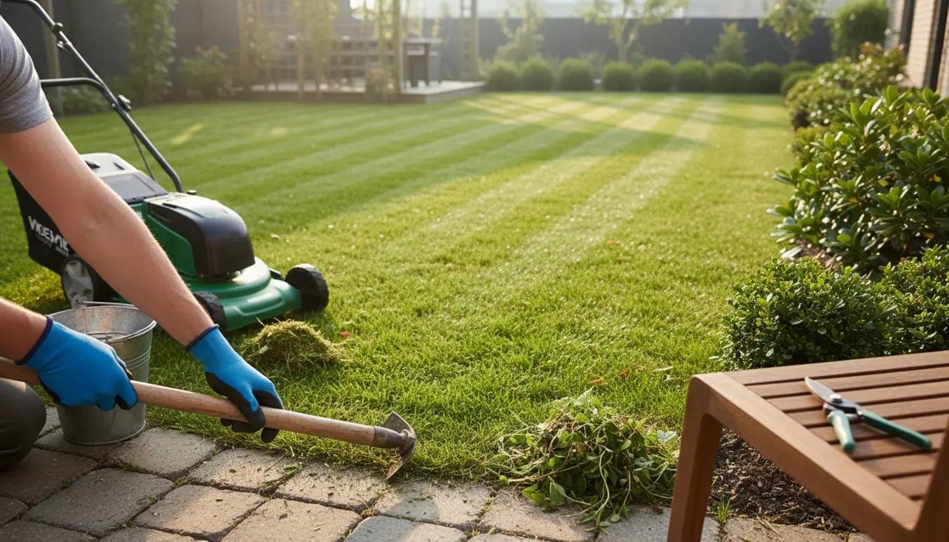 Hænder fjerner ukrudt med hakkejern ved en nyslået græsplæne med tydelige stribede mønstre.