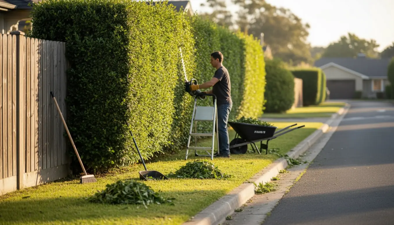 Gartner trimmer en tæt hæk mellem naboskel og vej med værktøj og friske afklip.