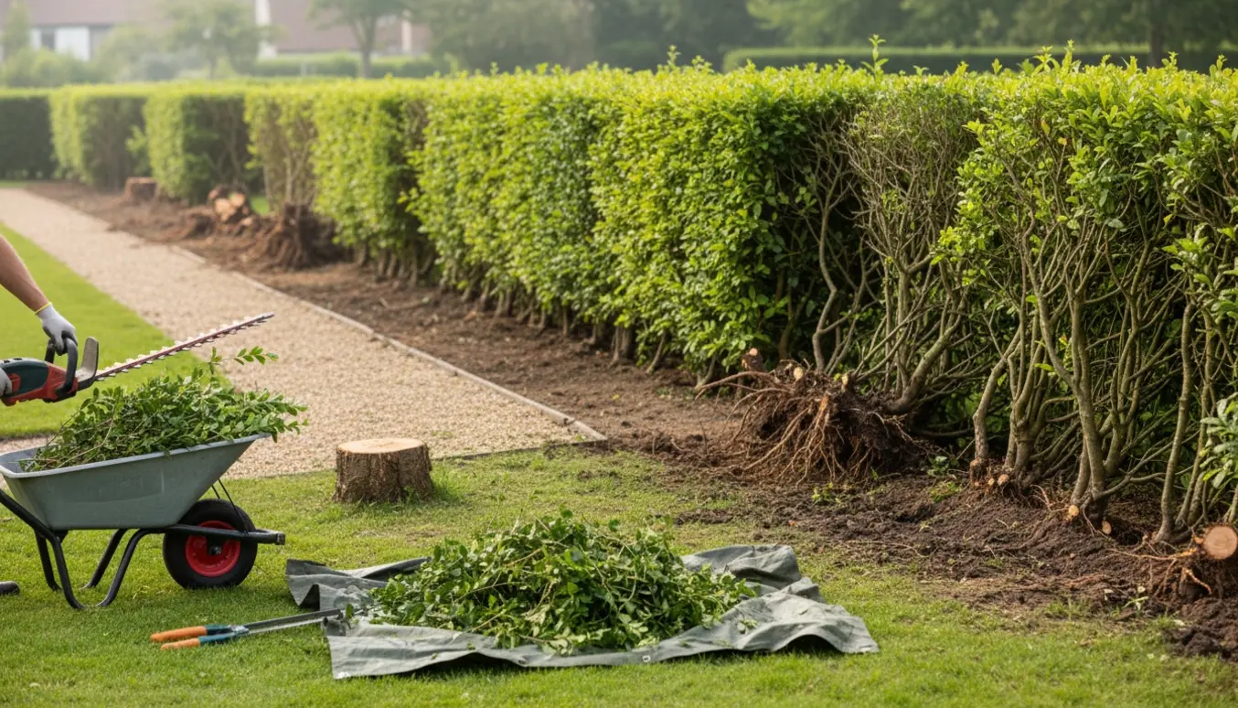 Nærfoto af klipning og fjernelse af en lang ligusterhæk med grene i trillebør og eksponerede rødder.