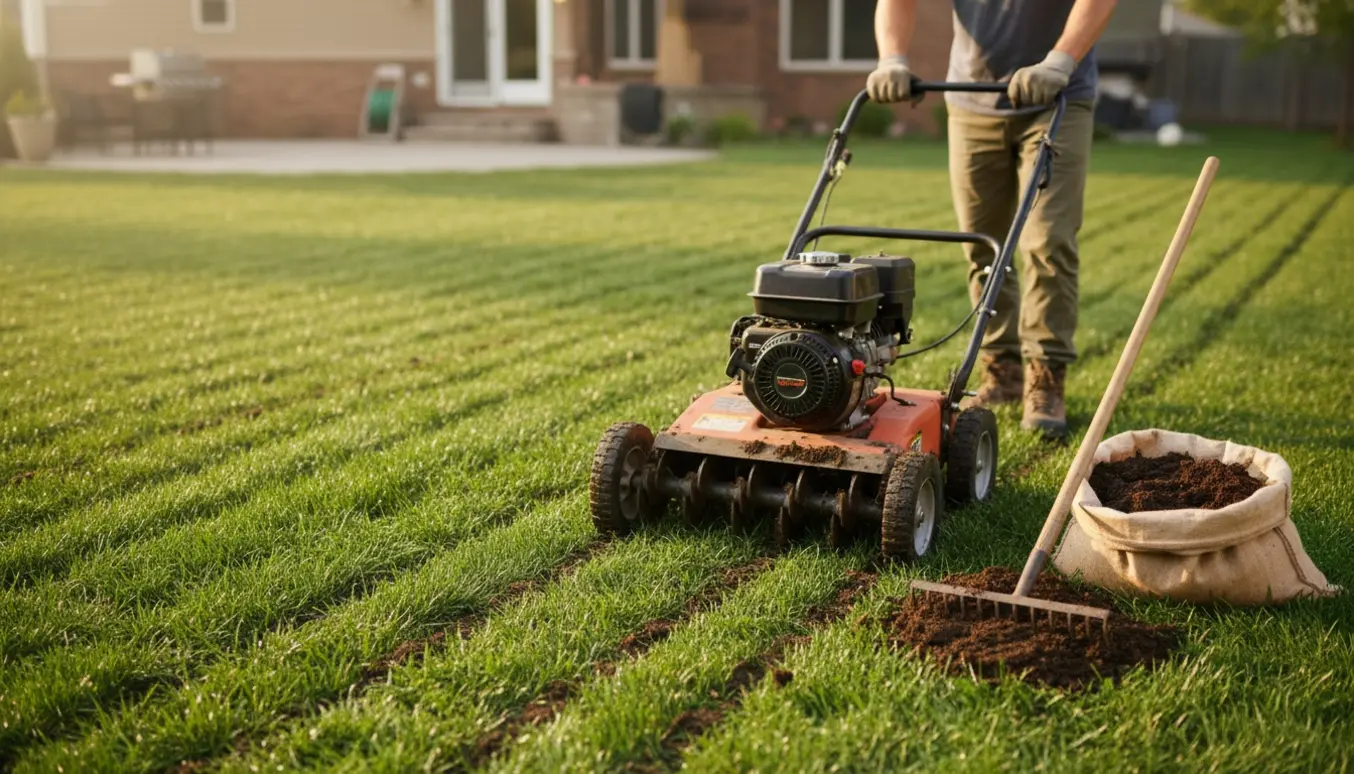 Plæneluftning i en parcelhushave med en motoriseret jordkerne-lufter og synlige jordpropper på græsset.