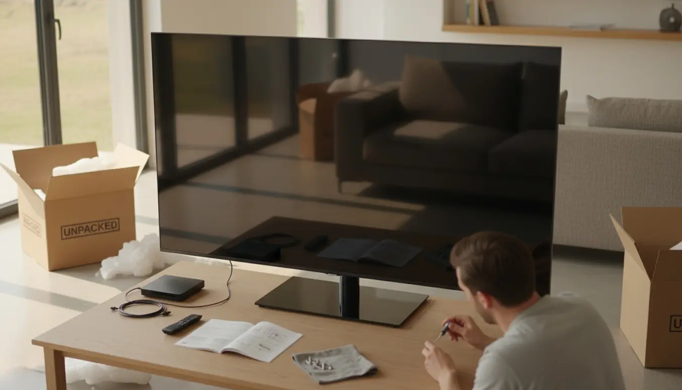 Stort fladskærms-tv sættes på fod i en lys, nyindflyttet stue med pakker og værktøj.