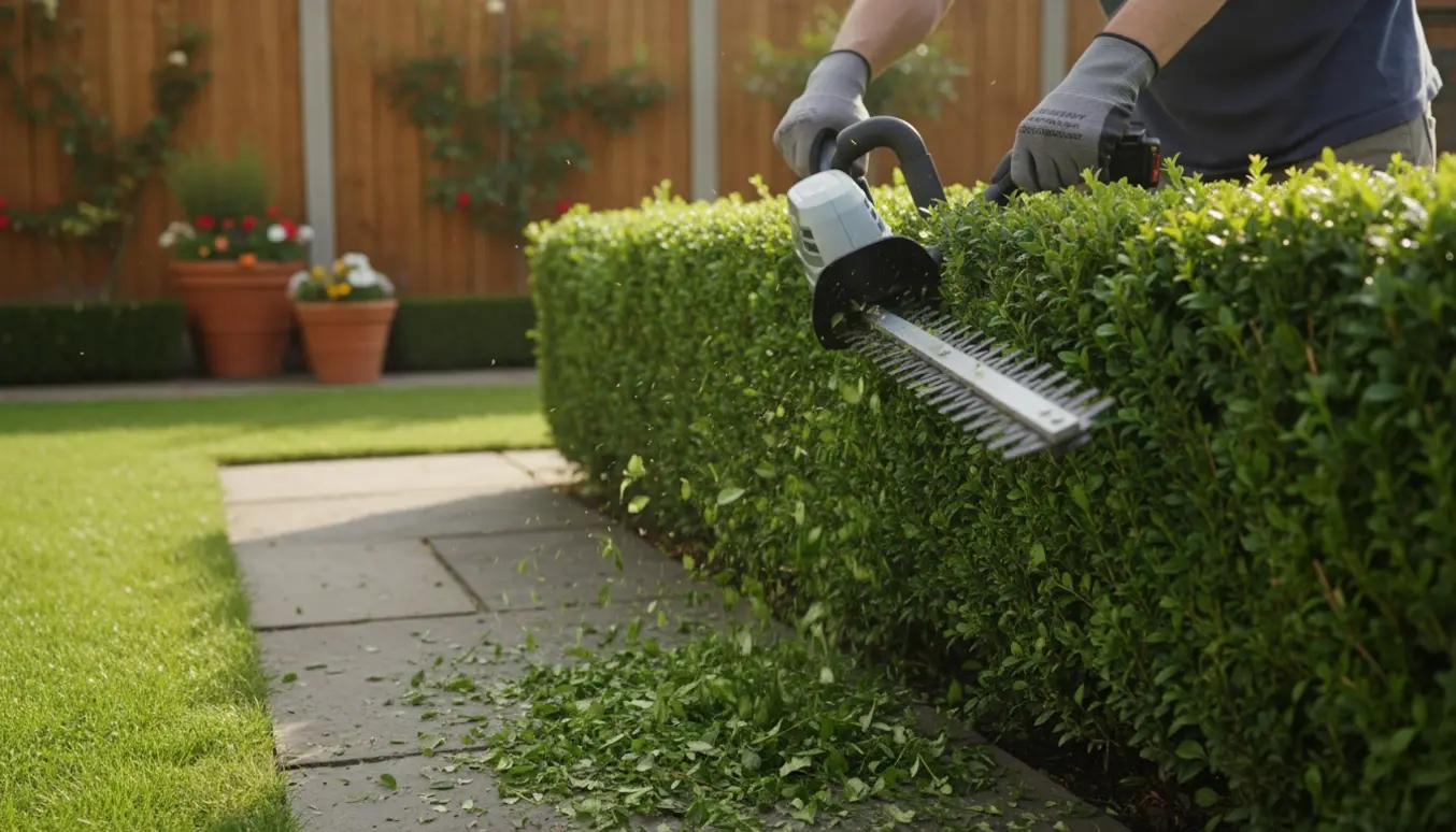 Nærbillede af hækkeklipper i aktion, der trimmer en hæk i en solfyldt villahave.