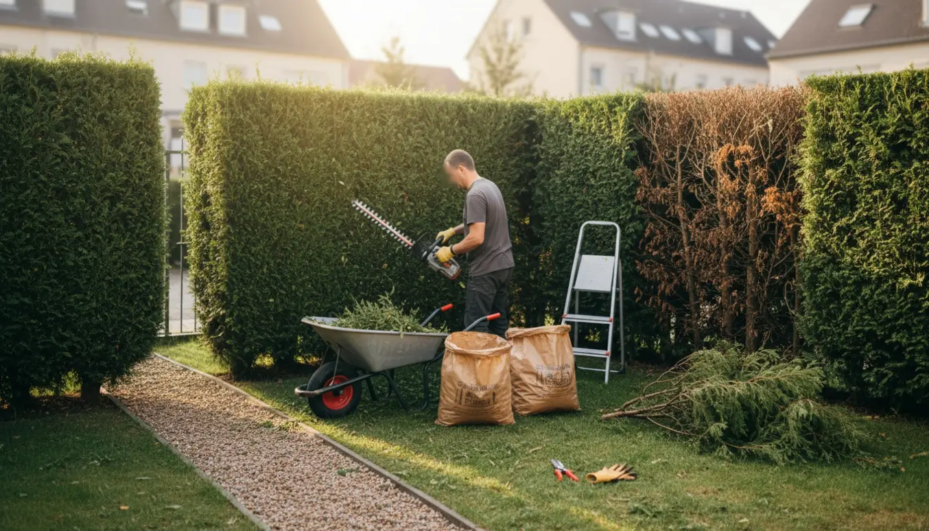 Solbelyst rækkehushave med en håndværker der klipper en høj hæk og lægger afklip i trillebør.