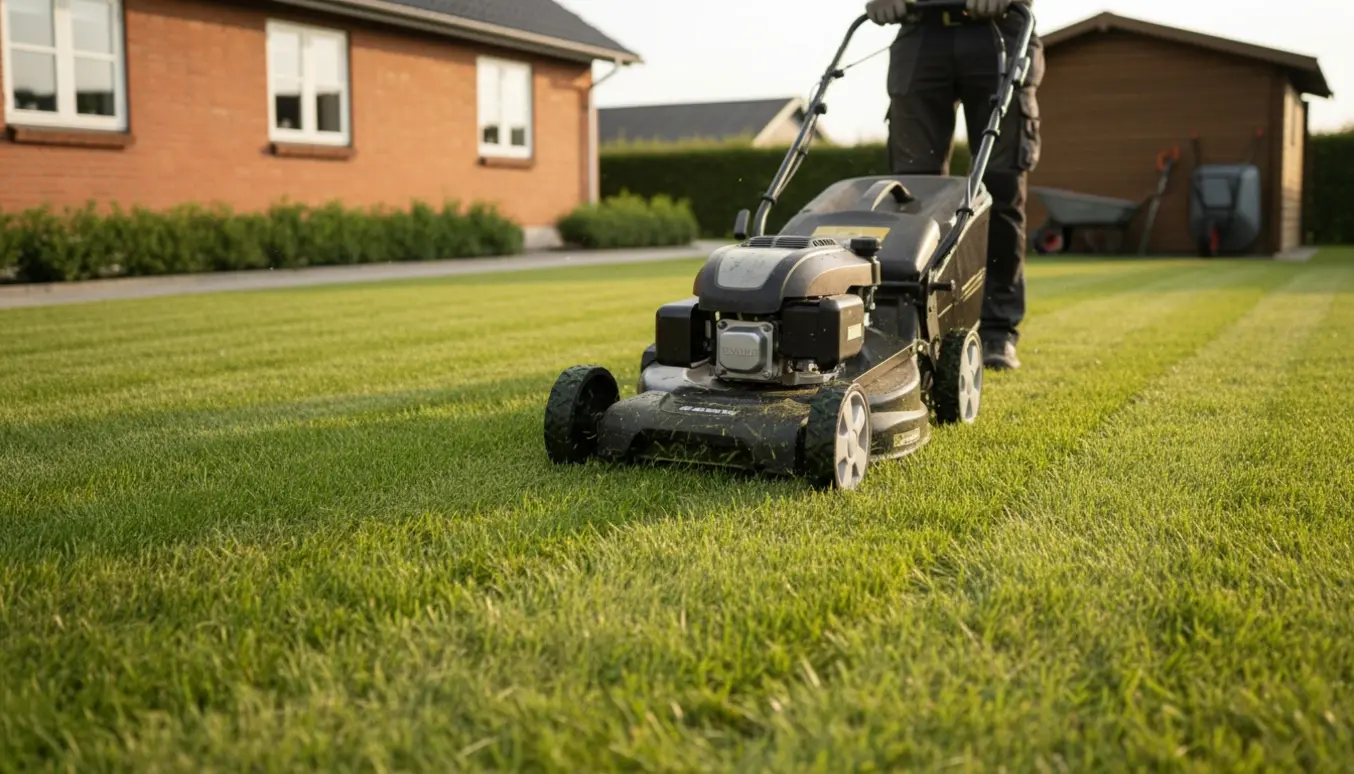 En person slår en velholdt græsplæne i Hadsten med en bioklip-plæneklipper foran et rødt murstenshus.