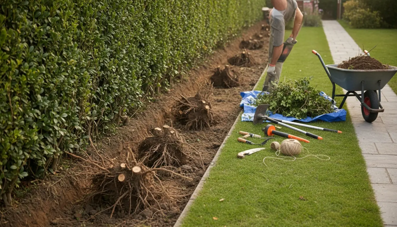 Nærbillede af en 5 m ligusterhæk, hvor rødder og værktøj ses under optrækning i en solrig have.