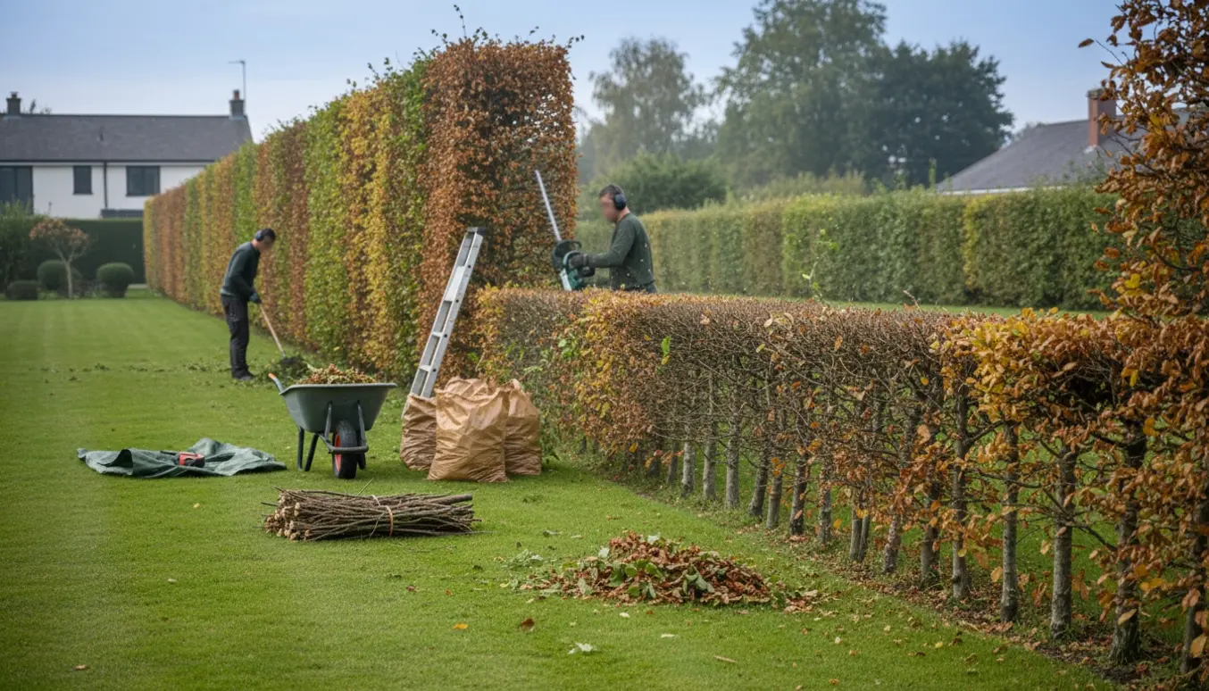 Lang bøgehæk bliver klippet ned med trimmer, trillebør og opsamlede afklip ved siden af.