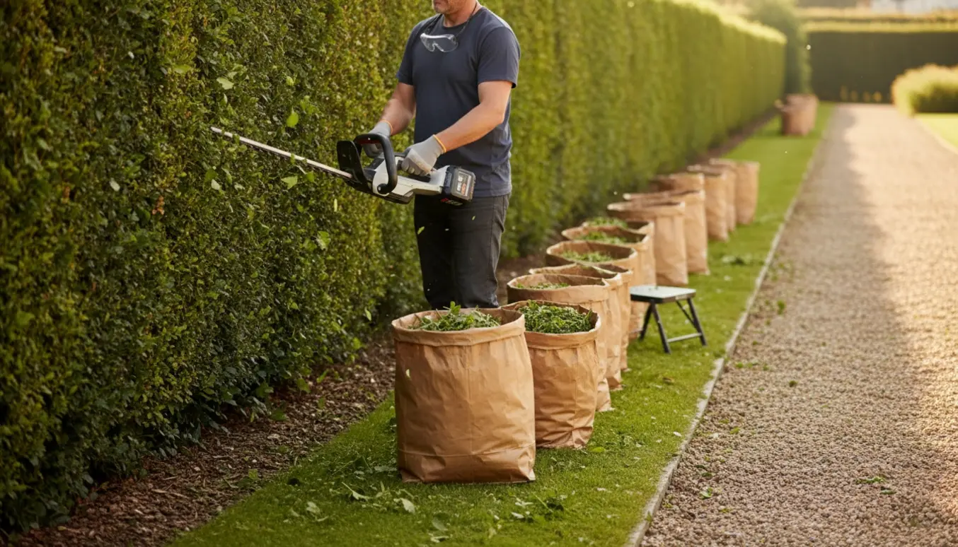 Batteridrevet hækklipper i brug ved en 2 m høj hæk med afklip i papirsække langs haven.
