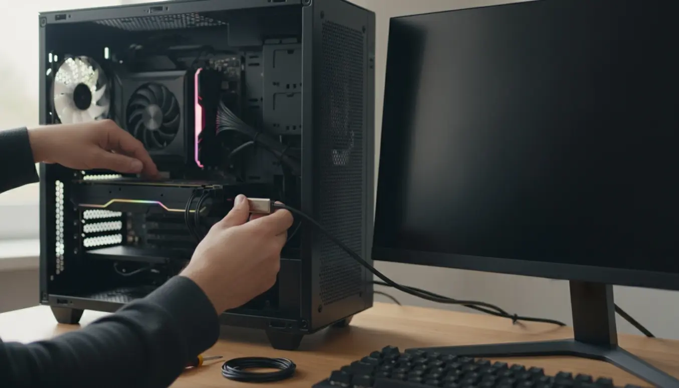 Hænder forbinder et HDMI-kabel mellem en åben gamer-PC's grafikkort og en skærm på et skrivebord.