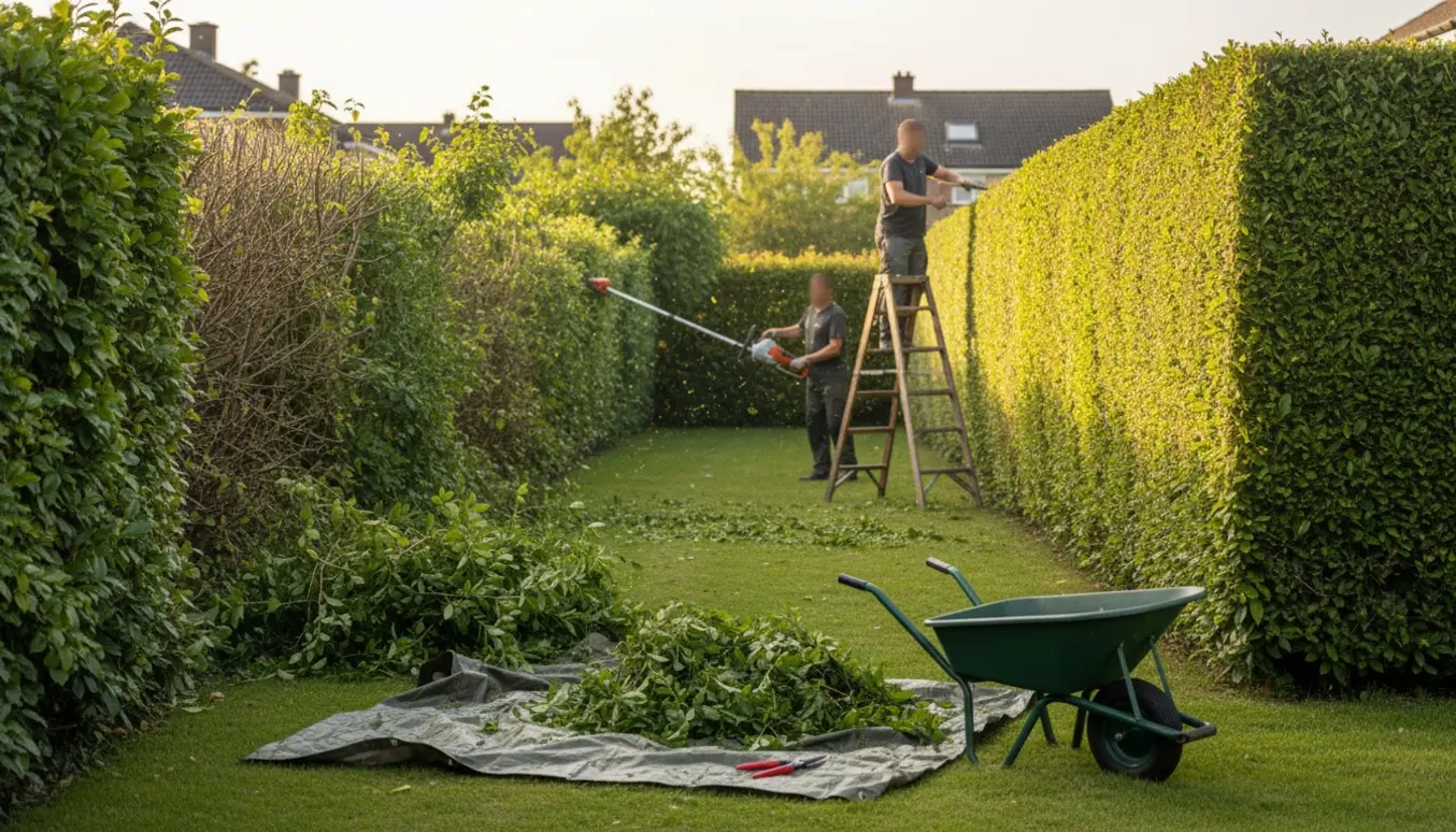 Lang hæk bliver klippet i toppen og på den ene side med trimmer og stige, og afklip ligger i forgrunden.