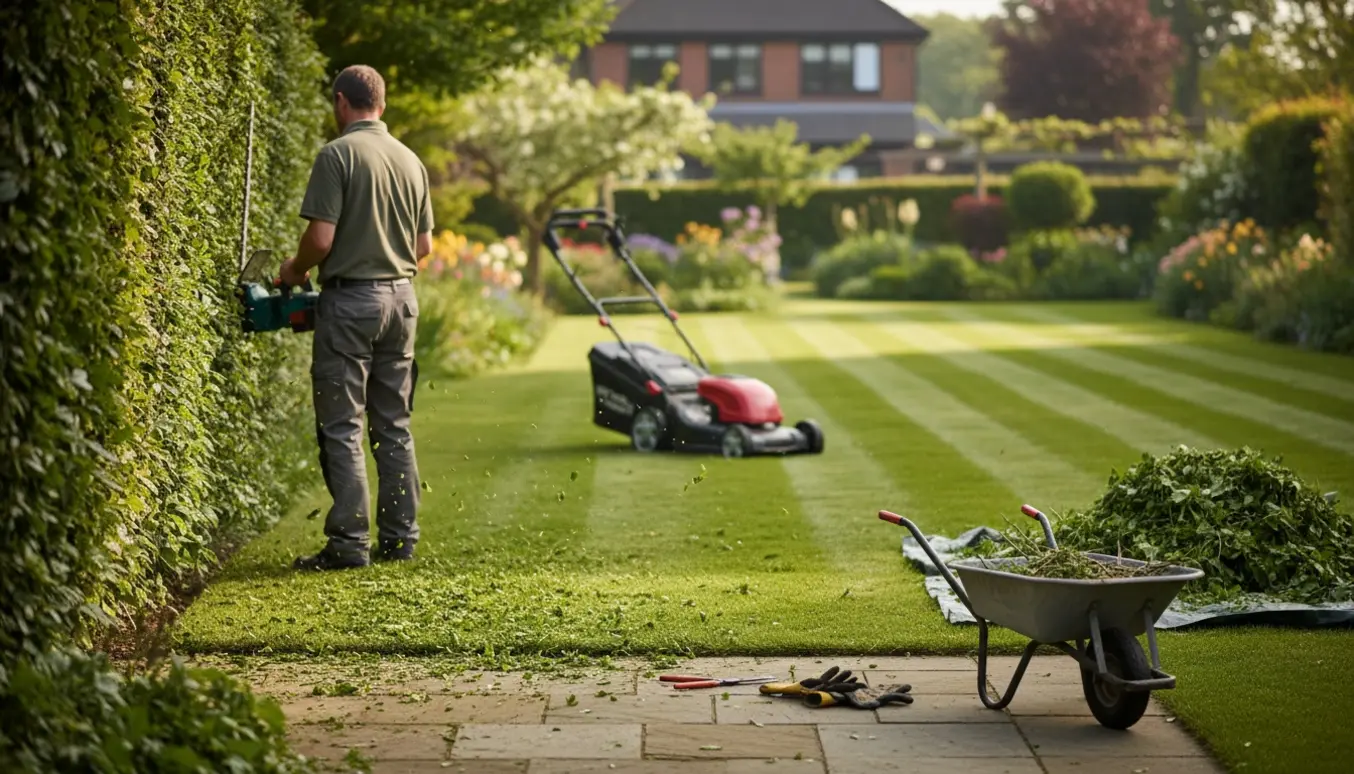 En have med en person, set bagfra, der klipper hæk med en hækkeklipper og slår plænen med en græsslåmaskine.