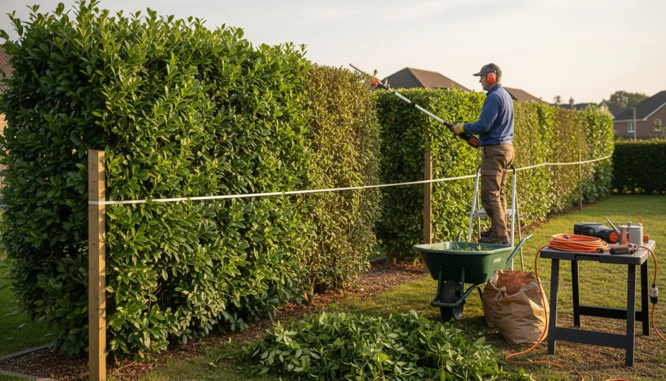 Lang hæk i haven klippes ned til en lavere, ensartet højde med friske grene og værktøj i forgrunden.