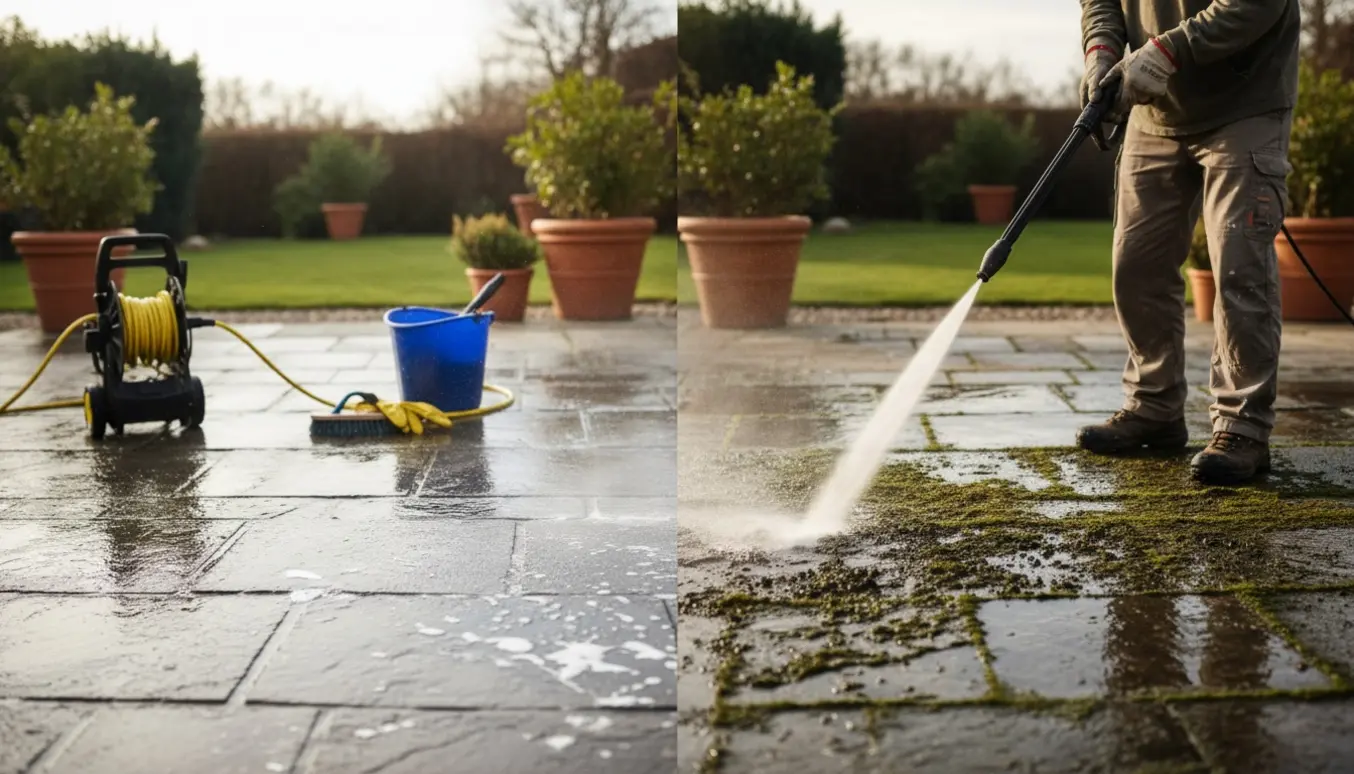 En person højtryksrenser et middelstort udendørs fliseareal, hvor den ene side er ren og den anden er snavset.