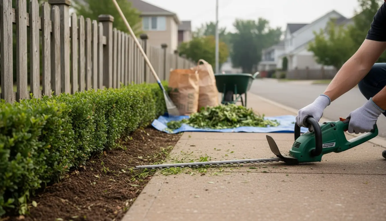 En handske‑klædt person klipper den ene side og toppen af en hæk ved fortovet med værktøj og en bunke haveaffald klar til bortkørsel.